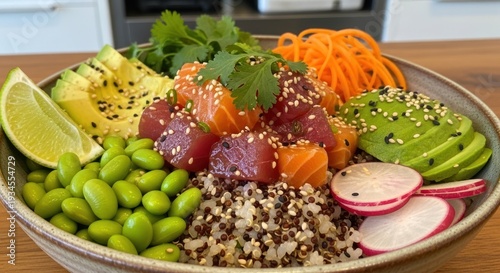 Wallpaper Mural Vibrant poke bowl with fresh salmon, tuna, avocado, and edamame is ready. Torontodigital.ca