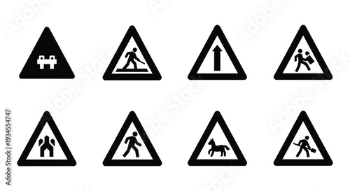 Collection of black and white traffic warning and prohibition signs