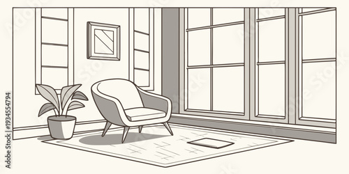 A cozy living room with a comfortable chair and large windows