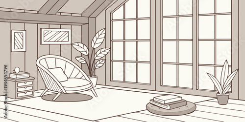 A cozy living room with large windows and a view of a garden.