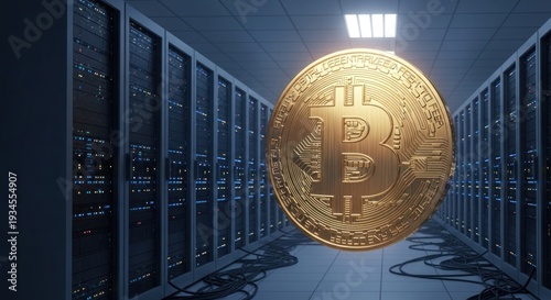 Wallpaper Mural Giant physical Bitcoin floats in a dark server room filled with computer. Torontodigital.ca
