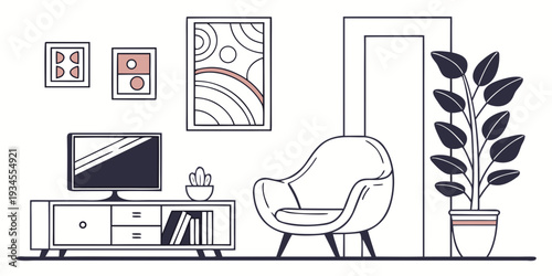 A modern living room with a television, chair, and decorative elements.