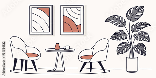 A cozy dining area with modern furniture and decorative elements