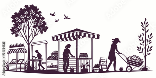 A bustling farmers market with various stalls and people shopping.