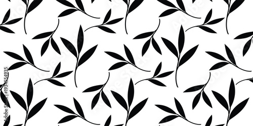 Seamless Botanical Leaf Pattern with Black Branch Silhouettes on White Background