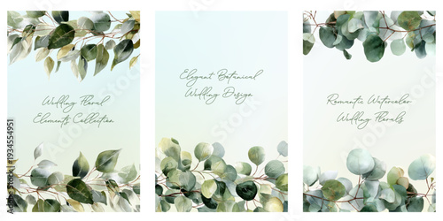Watercolor wedding stationery templates with botanical eucalyptus leaves and olive branches, creating elegant floral invitation designs for romantic events and celebrations