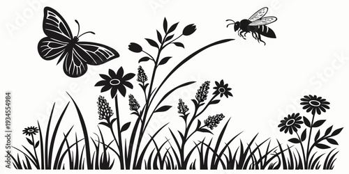 A beautiful illustration of butterflies and bees in a meadow of wildflowers