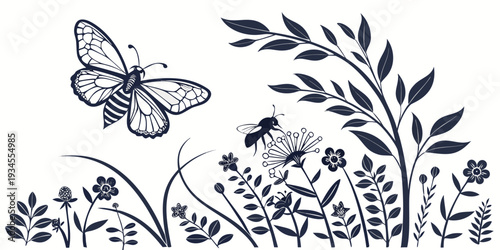 A beautiful illustration of a butterfly surrounded by a variety of flowers and plants