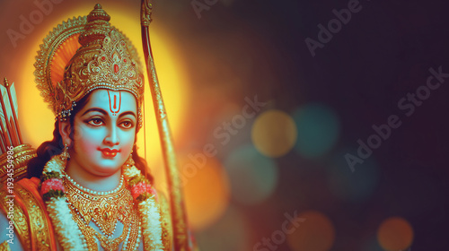 Divine portrait of lord rama with bow and golden crown on soft background for ram navami greeting cards, spiritual posters and hindu festival promotion