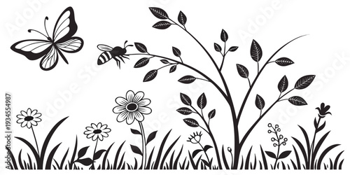 A beautiful illustration of a butterfly hovering over a field of flowers and plants