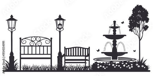 A serene park scene with benches, a fountain, and lampposts under a tree