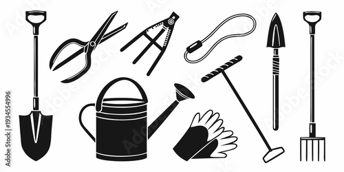 A variety of gardening tools and equipment for outdoor use and maintenance.