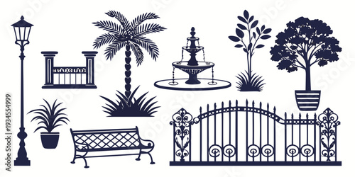 A variety of garden furniture and decorations including benches, fountains, and plants.