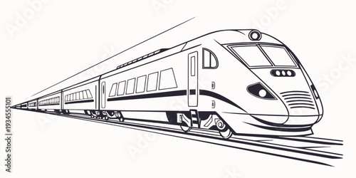 A sleek, modern train speeding through a scenic landscape with mountains in the background