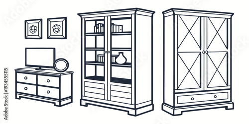 A collection of furniture including a dresser, a bookshelf, and a cabinet