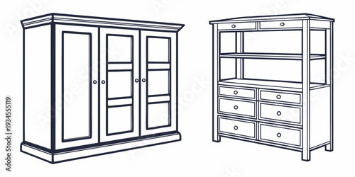 A set of two distinct wooden furniture pieces, a cabinet and a shelf.