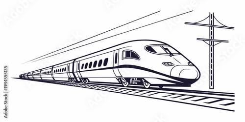 High-speed train traveling past a power line on a sunny day.