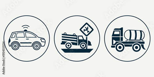 Three vehicles representing different types of road services and assistance.