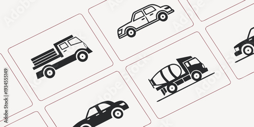 A collection of various vehicles illustrated in monochromatic designs