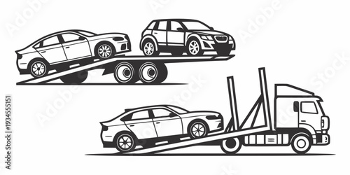 A variety of vehicles being transported on different types of trailers.