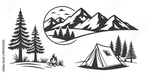 A serene camping scene with mountains and trees in the background