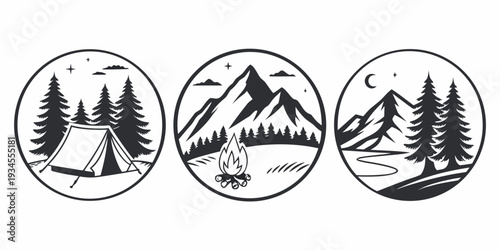 Three distinct camping scenes in circular frames showcasing nature and adventure.