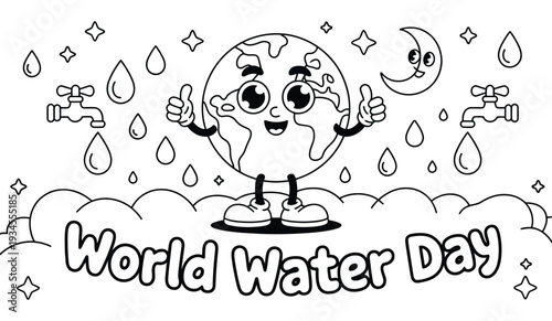 World Water Day cute cartoon earth character with water drops and taps outline illustration for environmental awareness coloring page