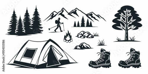 Illustration of camping gear and nature elements for outdoor adventure planning
