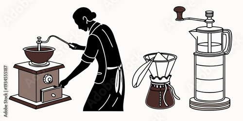 A person preparing coffee using various brewing methods and equipment.