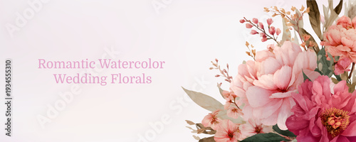 Romantic watercolor wedding florals with soft pink and red peonies, delicate blossoms, and botanical elements, creating an elegant banner for invitations or celebration designs