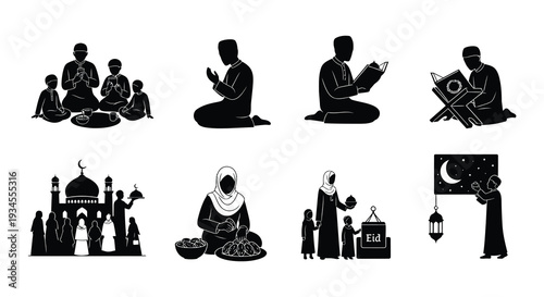 Islamic icons depicting praying family meals and eid celebrations