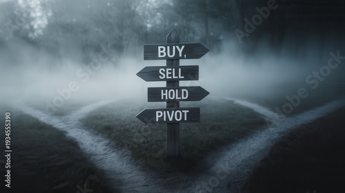 Mysterious signpost with buy sell hold pivot arrows in foggy landscape