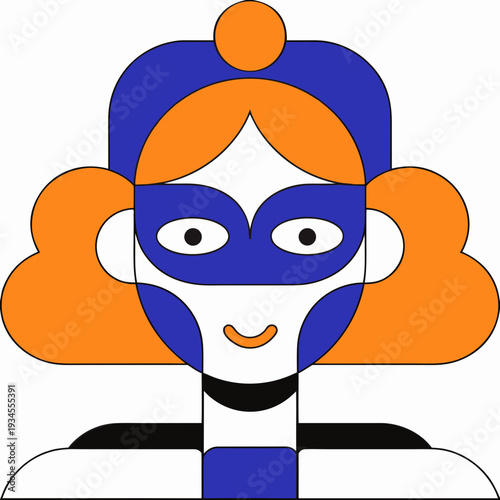 A cartoon character with a blue and orange mask