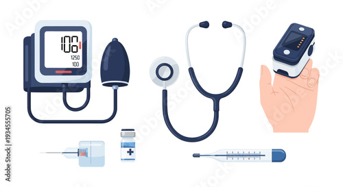 Medical Devices & Diagnostic Tools Set for Healthcare, Monitoring & Treatment - Stethoscope, Oximeter, BP Monitor, Syringe, Thermometer