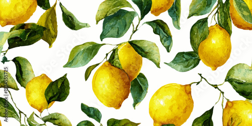 Watercolor seamless pattern featuring fresh bright yellow lemons hanging from green leafy branches, creating a vibrant botanical design for summer citrus themes