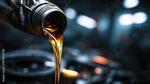 Close-up of motor oil pouring from a canister, blurred background. Concept of engine, auto repair shop, engine service industry, detailing
