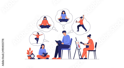 Hobbies and Self-Care: Diverse People Enjoying Leisure Activities, Reading, Meditation, Music, and Art for Personal Growth and Well-being