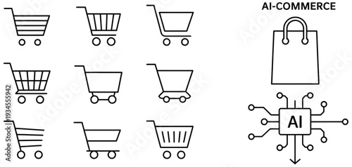 AI commerce line icon set with shopping cart variations, smart retail, artificial intelligence chip and digital e-commerce symbols, editable vector icons for web and mobile app interfaces.