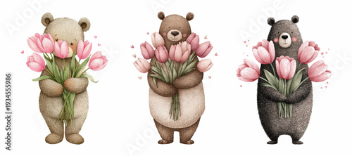Three cute teddy bears holding pink tulip bouquets. Sharing love and affection. A charming illustration for greeting cards. Invitations. And children's designs