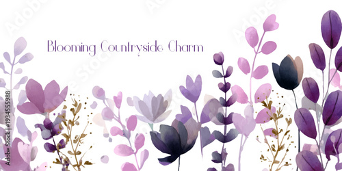 Watercolor texture creating a blooming border design with soft purple and violet botanical elements, ideal for elegant spring, garden, or nature themed graphic backdrops