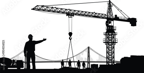Bridge construction site silhouette with tower crane workers and cement truck for civil engineering infrastructure project laser cut and stickers
