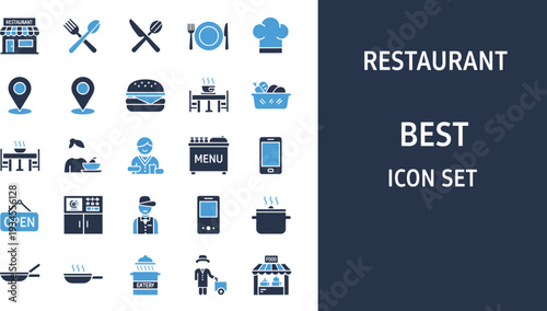 Restaurant Best Icon Set Featuring Chef Burger Menu Open Sign Delivery Cooking and Dining Symbols in Modern Flat Two Color Editable Vector Illustration Collection