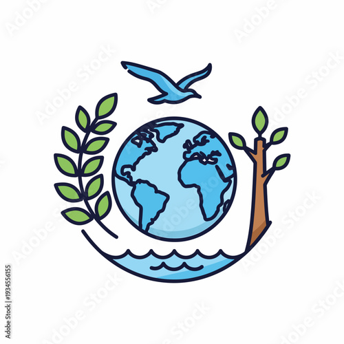 Earth Globe with Leaves and Bird.