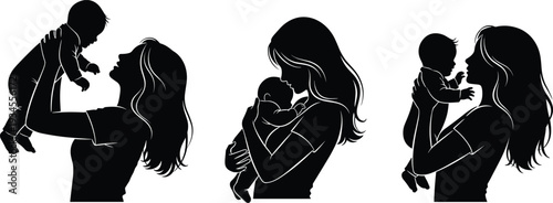 Mother and Baby Silhouette Collection, Loving Mom Holding Newborn Infant in Tender Parenting Moments Isolated on White Background