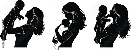 Mother and baby silhouettes, loving mom holding newborn child, maternal bonding vector illustration isolated on white background
