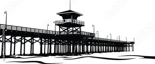 Beach pier silhouette with wooden boardwalk and lifeguard tower for summer vacation travel posters laser cut and vinyl decal design