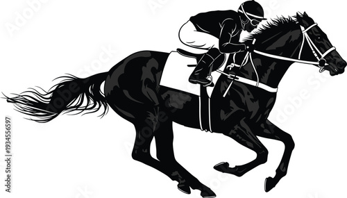 Jockey riding thoroughbred horse in gallop for horse racing competition sports betting logo equestrian club and laser cut vinyl design
