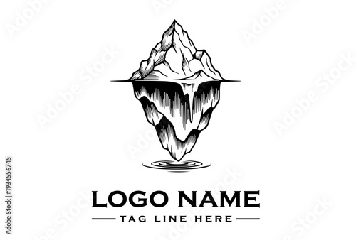 Black and white illustration of an iceberg with a logo name and tag line on a clean white background.