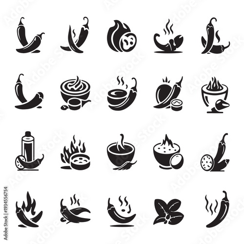 Collection of spicy chili pepper icons hot sauce bowls and ingredients stylized food symbols black silhouette isolated on transparent background vector graphic