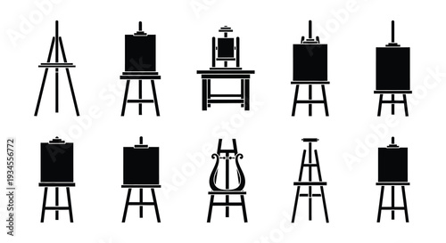 Collection of various black silhouette easel illustrations in a row